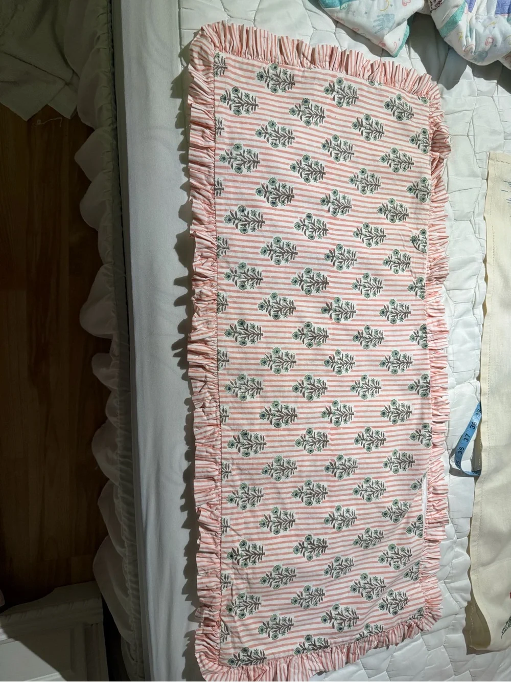Pillow Cover Block Print Pink Stripe With Ruffle 35 X 14 Uses XL Lumbar Pillow